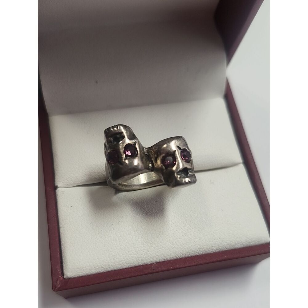 UNO de 50 Are You Talking To Me? Double Skull Rhinestone Ring Size 5.75 Sterling